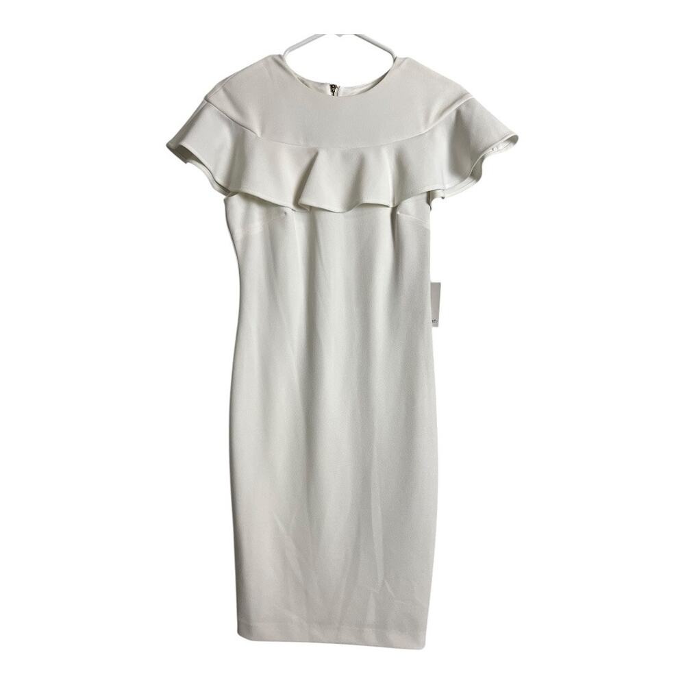 Calvin Klein NWT White Sheath Dress Womens 2 Ruffle Career Cocktail Office